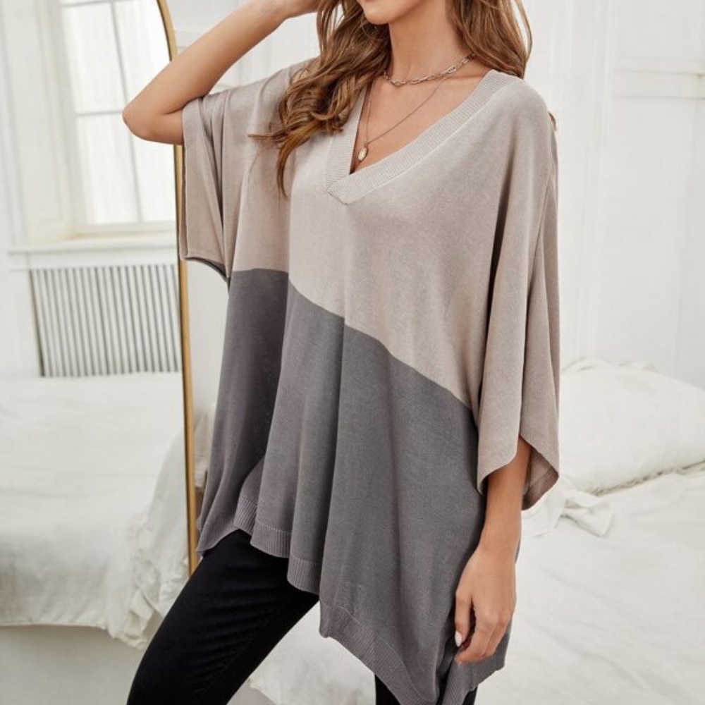 Cozy tan Color Block Oversized V neck Sweater Top - Picture 3 of 5
